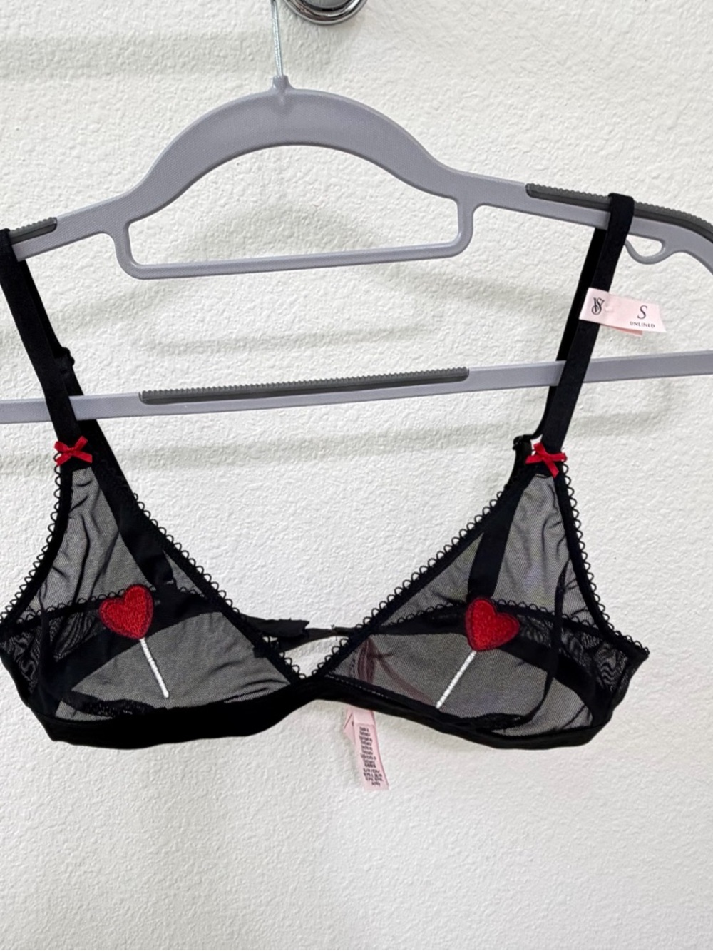 Small VS unlined Mesh Demi bra Black Embroidered Heart Lollipop - Picture 10 of 14